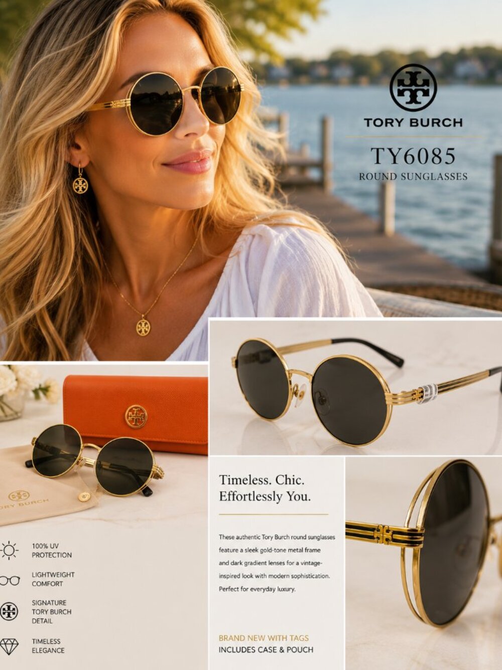 NEW Tory Burch TY6085 Round Gold Metal Sunglasses | Authentic | NWT | MSRP $180